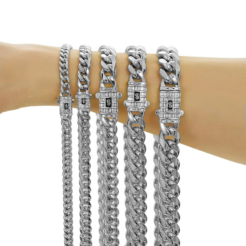 Unseen Gems White Gold Plated Stainless Steel Cuban Miami Chain 6-14mm