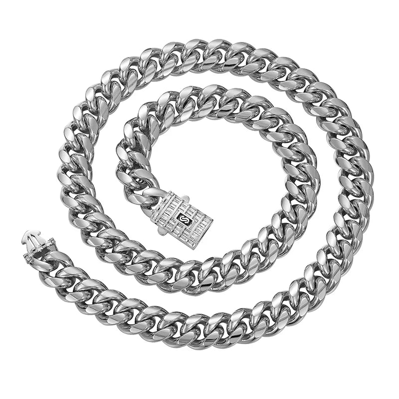 Unseen Gems White Gold Plated Stainless Steel Cuban Miami Chain 6-14mm