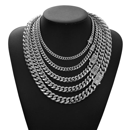 Unseen Gems White Gold Plated Stainless Steel Cuban Miami Chain 6-14mm